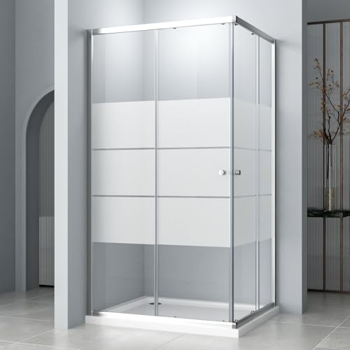 Hopibath Duschkabine Duschkabine Schiebetür, Milchglas Eckeinstieg Duschkabine Duschabtrennung 6mm ESG Milchglas Streifen Duschwand Höhe 185cm (Duschkabine Gestreift, 75x90cm)