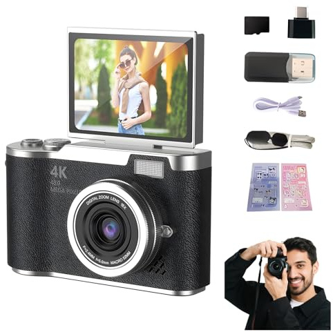 4K Foldable Screen Student Camera, Point and Shoot Digital Cameras with 32GB TF Card, Portable Camera FHD 48MP 4K Digital Camera with 8X Zoom Anti-Shake with Flip Screen (Black, Camera Kit)