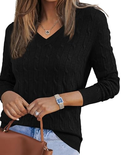 Arach&Cloz Jumpers for Women Fall Winter V Neck Long Sleeve Cable Tops Casual Outfits Wool Sweater (Black, M)