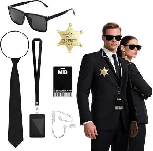 ELNLE Agent Kostüm Zubehör Set, Spion Kostüm Zubehör, Man in Black Kostüm mit Sonnenbrille Zip Krawatte Hörer ID Karte und Kartenhalter für Karneval Halloween Rollenspiel