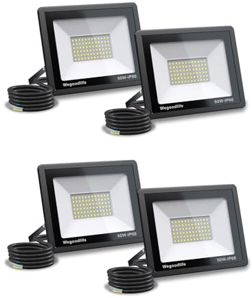 Wegoodlife 4 Stücke 50W LED Strahler Außen, Superhell 3995LM Scheiwerfer, 3000K Warmweiß Außenstrahler, IP66 Wasserdicht LED Fluter, Außenbeleuchtung für Garten Garage Hinterhof Auffahrt Sportplatz