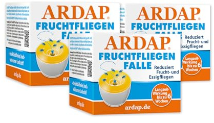 ARDAP Fruchtfliegenfalle 3er Pack - Obstfliegenfalle zur Reduktion von Fruchtfliegen & Essigfliegen - Hochwirksamer Lockstoff - Fruchtfliegenfalle für Küche & Co. (PT 19)