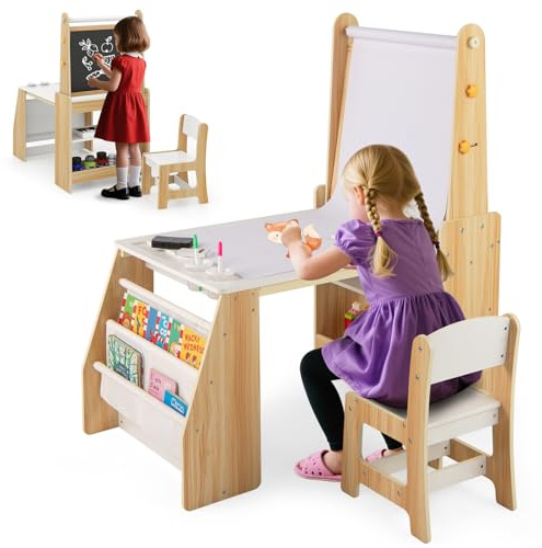 COSTWAY Kindertisch mit Stuhl & Staffelei, Kindersitzgruppe Holz mit Whiteboard & Kreidetafel & Bücherregal, Maltisch inkl. Papierrolle & Zubehör, 3 in 1 Sitzgruppe für Kinder ab 3 Jahren (Natur)