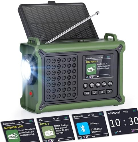 ROCAM Radio DAB Portatile con Bluetooth, Radio a Manovella 12000mAh con Pannello Solare e Dinamo, Radio Digitale DAB+/FM con Display a Colori 2,4, 80 Stazioni, Torcia LED,USB, SOS, IPX6 per Campeggio
