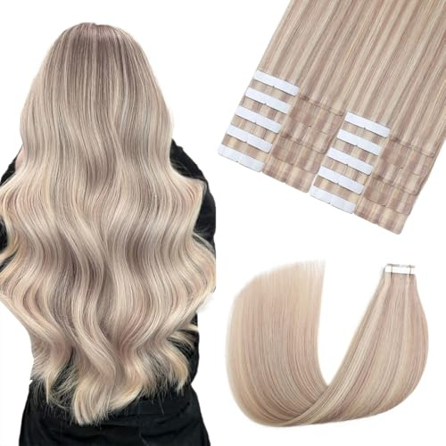 Sindra Tape Extensions Echthaar, 20pcs 50g 50cm Ashblond Highlight Gebleichtes Blond Remy Invisible Tape Extensions Gerade Echthaar Klebe Remy Haarverlangerung #18P613