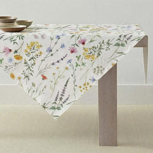 ViaElayu Tischdecke Frühling 85x85 Klein Gartentischdecke Outdoor Mitteldecke Modern Gelb Rosa Blumen Grün Blätter Tischdecken Abwaschbar Quadrat Garten Tischdecken für Draußen
