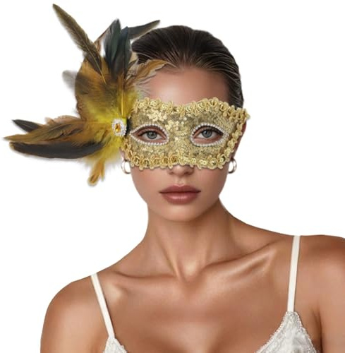 Hanraz maskenball deko, Venezianische Maske Damen Mit Federn Cosplay Klassische Accessories Pfau Kostüm Retro Elegante Federmaske Augenmaske Für Halloween Tanz Ball Party