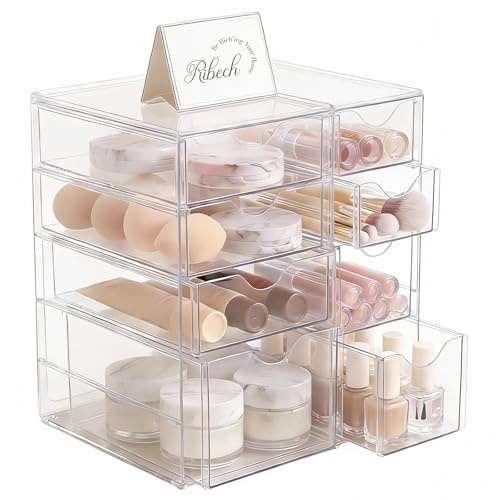 Ribech Organizador de Escritorio 8 Piezas | Cajas de Almacenamiento Transparentes con Cajones para Maquillaje, Oficina & Herramientas | Cajas Apilables para Garaje, Cocina y Baño