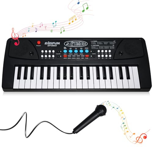 Teclado Piano para Niños con Micrófono – Piano Infantil 37 Teclas, Mini Piano Eléctrico a partir de 3 Años con Función de Grabación, USB/Batería