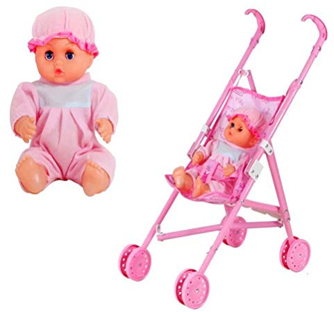 Zhangpu Babypuppe mit Kinderwagen, Kleines Kinderwagen-Spielzeug, Babypuppen-Spielset, Simulation, Babypuppe, Rollenspiel-Spielset für (Rosa)