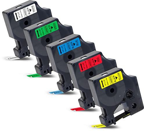 Labelwell 5x 0.47 12mm x 7m Kompatibel Schriftband Ersatz für Dynmo D1 45013 45016 45017 45018 45019 für Dynmo LabelManager 160 210D 360D 280 420P 500TS Labelpoint 350 250 150 100 Labelwriter 450 Duo