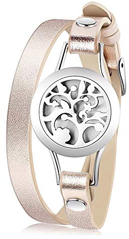 JewelryWe Schmuck Ätherisches Öl offenes Lederarmband Halskette, Aromatherapie ätherisches Öl Diffusor Medaillon Armband 316L Edelstahl Lebensbaum Kette + 10 Pads
