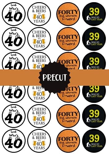 PRECUT 40th Birthday Edible Cupcake Toppers - Cheers Beer cake decorations, Wafer 40 Topper For Him, 24 x 1.5 Inch 4cm Discs