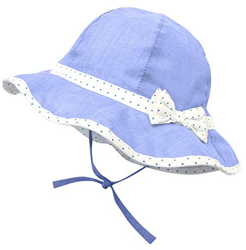ANIMQUE Cappello da Sole per Ragazze Cappello a Secchiello Primavera Estate Cappelli Cotone Vacanza Papillon a Pois Nastro Azzurro 0-4 Anni, 48cm