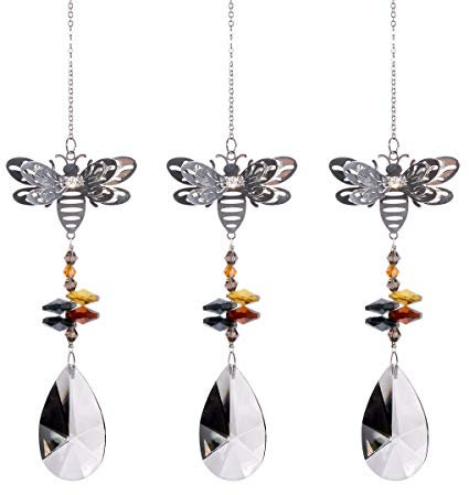 3D Metal Bee Animal Crystal Suncatcher Colorful Rainbow Maker Glass Window Hanging with Net Leaf Pendant(Pack of 3)