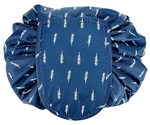 INTIRILIFE Kosmetiktasche in BLAU Weisse Federn - 62 x 54 cm - Runder One Step Kulturbeutel mit Kordelzug zum Zusammenziehen mit 2 inneren Reißverschlussfächern zur Aufbewahrung von Make-Up etc.