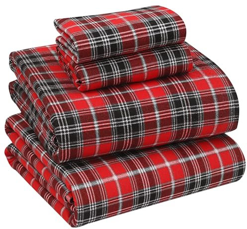 Ruvanti 4-teiliges Flanell-Bettwäsche-Set aus 100 % Baumwolle, mit tiefen Taschen, warm, superweich, Flanell-Bettlaken-Set mit Bettlaken, Spannbetttuch und 2 Kissenbezügen (kariertes Weihnachtsmotiv)
