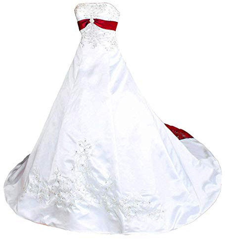 Zorayi Femme A-Ligne Bustier Broderie Satin Robes de mariée Robe de Mariage Longue Vêtements de mariée Blanc & Rouge Taille 48