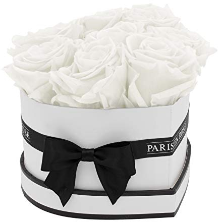 PARIS EN ROSE Rosenbox HERZ | mit 8 weißen Infinity Rosen Größe XL | herzförmige Box in Weiß mit Schwarz | ewige Rose | 3 Jahre haltbar | Grußkarte
