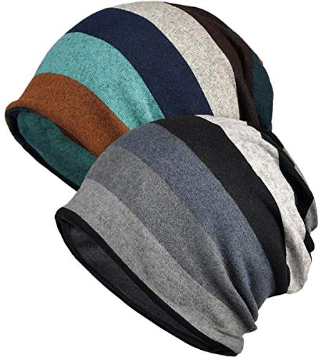 XYIYI Damen Mütze Chemo Hut Slouchy Kopfbedeckungen Kopf Wraps Krebshüte (2Stück Stricken Streifen)
