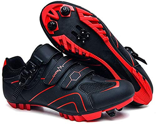 Bicicleta de Montaña con Tacos, Zapatillas de Ciclismo de Carretera de Fibra de Carbono Transpirables, Zapatillas Deportivas Antideslizantes con Tiras Reflectantes (Rojo,43)