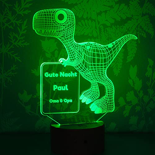 LAUBLUST 3D LED Nachtlicht für Kinder - Personalisierte Lampe mit Baby Namen & Wunschtext | Natur, Drei Holzsockel - Geschenk zur Geburt & Taufe für Mädchen und Jungen | Kinderzimmer Deko (Dino)
