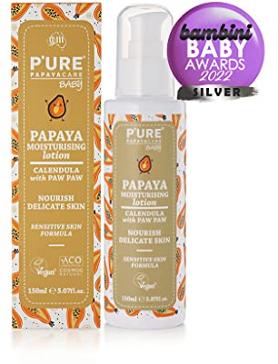 P'URE PAPAYACARE Baby Feuchtigkeitslotion – vegan und tierversuchsfrei – Papaya, Kamille, Calendula & Vitamin E, beruhigt und beruhigt trockene, gereizte Haut – 150 ml