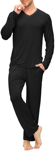 AjezMax Pigiama da Uomo Invernale Pigiama da Notte in bambou Manica Lunga Top e Pantaloni Lunga con Tasche Set Pigiama Due Pezzi XL Noir