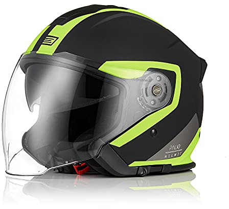 ORIGINE Motorradhelm Jethelm Roller Helm Scooter Helm Moped Mofa Helm mit Doppelvisier ECE Zertifizierung (Techy Fluo Yellow Black,XL)