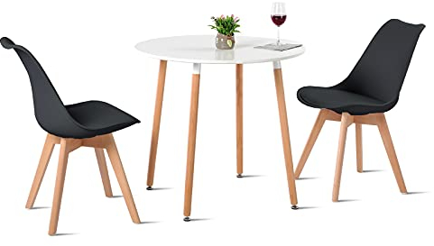 H.J WeDoo Esstisch mit 2 Stühle Essgrupp Holztisch und Schwarz Skandinavisches Stuhl Esstisch Set für Esszimmer Küche 80cm