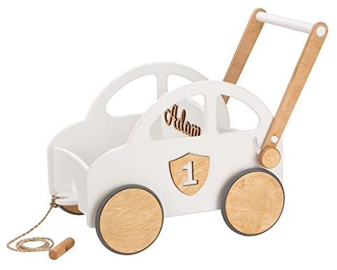 Lauflernwagen - Individuell mit Namen - Holz Lauflernwagen - Lauflernwagen Kinderwagen - Sicher Abgerundete Kanten - Ausdrucksstarke und Schöne Farbe (Weiß)