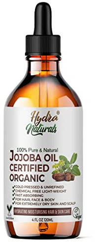 Hydra Naturals 100% Pure Organic Jojoba Oil 120ml – Cold-Pressed & Unrefined, Hexane-Free Natural Carrier Oil for Hair, Face, Skin & Nails – Lightweight Moisturizer, Non-Comedogenic, Fast Absorbing