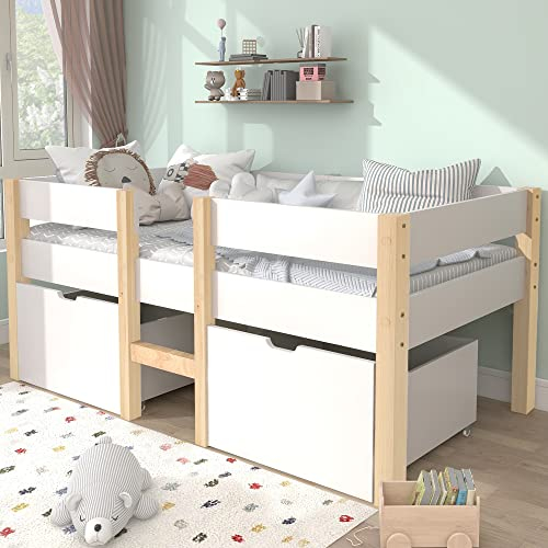 Kayan Bett Kinderbett mit Schublade und Rausfallschutz, Kiefer-Vollholz-90x190 cm-Weiß & Eiche