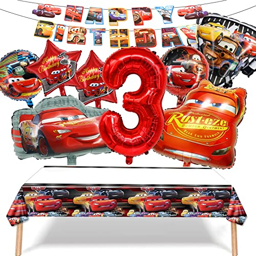 Decoration Anniversaire Voiture 3 ans,Ballon Anniversaire Enfants,Voiture Ballons Feuille,avec Bannière Joyeux Anniversaire et Nappe de Thème, pour Decoration Anniversaire pour Enfants