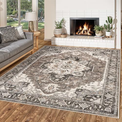 RUUGME Waschbarer Wohnzimmerteppich, 20,3 x 25,4 cm, groß, Schlafzimmer, orientalisch, rutschfest, fusselfrei, Bodenteppich für Esszimmer, Küche (Beige, 8 x 10)
