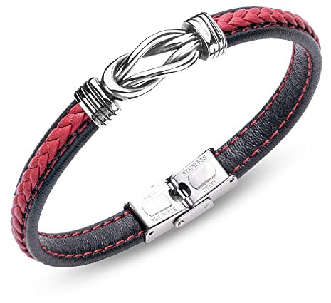 AURSTORE Bracelet hommes tressé (8mm) Bracelet en cuir Bracelet noeud Bracelet Homme Femme Longueur réglable (Rouge)