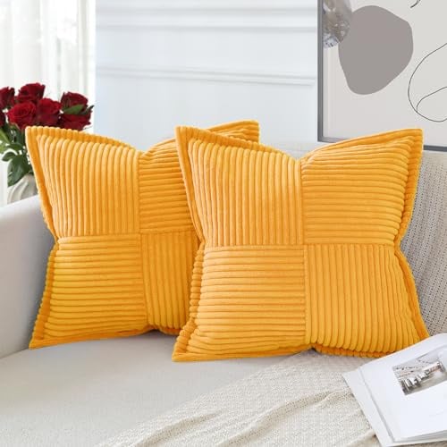 Artscope 2er Set Kordsamt Kissenbezüge Samtkissen Weich Dekokissen Dekorativ Kissenbezug Modern Kissenhülle Umwickelte Kante Sofakissen für Wohnzimmer Schlafzimmer Goldgelb, 45x45cm