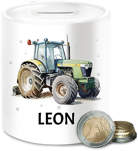 Spardose - Trecker Name I Trecker Fan I Traktor Geschenk personalisiert I Geschenk Landwirt - Unisize - Weiß - Geschenke für traktorfahrer kindersparbüchse Traktoren Leon spardosen