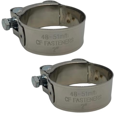 CF FASTENERS Exhaust & Hose Clamps (X2), 2 Inch (48-51mm), Slim-Line Strong Anti-Rust, Stainless Steel, Heavy Duty, Adjustable, Smooth Edge Hose clamp for Downpipe, Muffler, Intercooler, Intake.