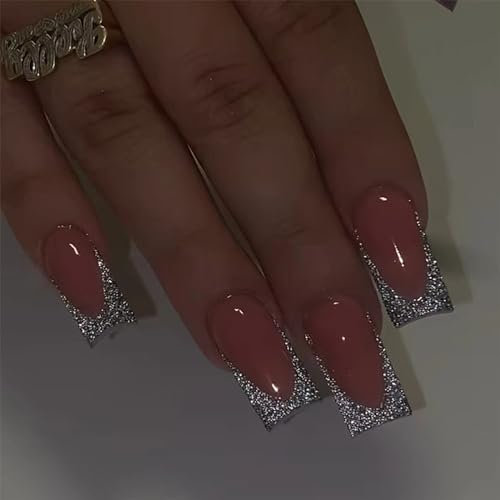 24pcs French Tip False Nails Medium Square, Glitter Silver Edge Stick on Nails Press on Nails Removable Glue-on Nails Acrylic Full Cover Fake Nails for Women Girls