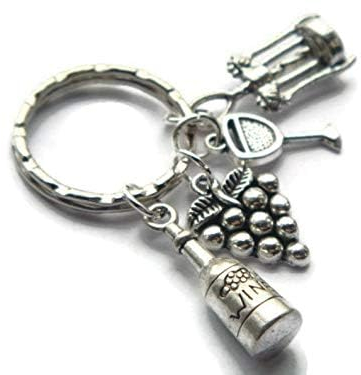 Antique Silver Wine Lover Keychain, Alcohol Keyring, Grapes, Corkscrew, Wine Bottle, Glass, Wine Lover Bag Charm