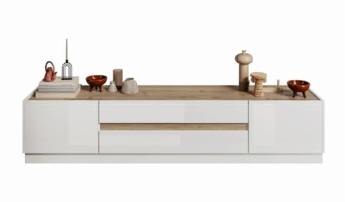 PRICE FACTORY just for you Meuble TV 205cm Collection FANZY. Coloris Blanc laqué et chêne Clair, idéal dans Un Salon Design
