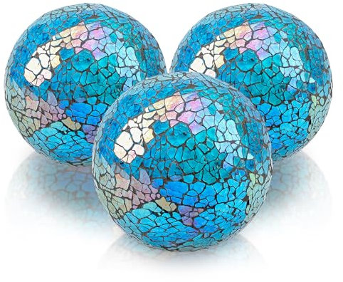 Folmywy Mosaic Sphere Balls 3.35inch Glass Ball Centerpiece Mirror Glass Solid Sphere 3 Pcs Blue Modern Solid Decor Orbs Ornaments for Bowl Vase Dining Coffee Table