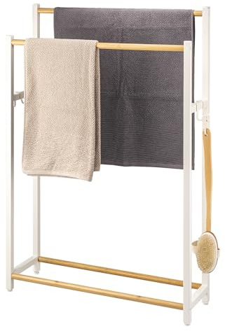 eluno Stand-Handtuchhalter aus Metall mit Bambus, extra großer freistehender Handtuchständer für große Duschtücher, Badetuchhalter, mit 2 Handtuchstangen und 4 Haken (Weiß)