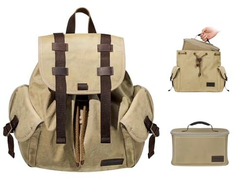 TARION Canvas Everyday Camera Backpack: Dual-Purpose Canvas Camera Bag Daypack with Removable Camera Cube Case Small Camera Bag for Hiking Travel Lightweight Multi-functional Vintage Khaki Michael