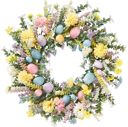 Sggvecsy 50,8 cm Osterkranz, Frühlingskranz, künstlicher Blumenkranz mit bunten Eiern, Hortensien, Gänseblümchen, Eukalyptusblättern, für Haustür, Ostern, Sommer, Bauernhaus, Urlaub, Wand, Zuhause,