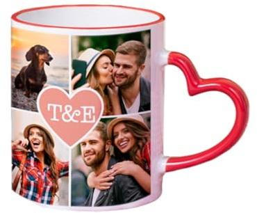 Made in Gift Taza de Cerámica de Color Rojo con Asa en Forma de Corazón Personalizada 33cl Collage Corazón de Color Rojo como Regalo Original para Parejas y Enamorados