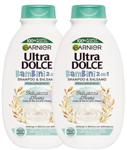 Garnier Ultra Dolce Shampoo Balsamo 2in1 Ipoallergenico per Bambini Delicatezza d'Avena con Crema di Riso e Latte d'Avena Districante Delicato Testato Sotto Controllo Pediatrico - 2 Flaconi da 400ml