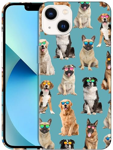 GlamCase for iPhone 13, iPhone 13 Case - Dog Pattern With Sunglasses Teal Design Printed Slim Fit Cute Plastic Hard Protective Designer Back Phone Case/Cover for iPhone 13.