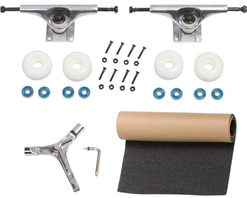 RADECKAL Komplettes Skateboard-Set, inklusive Achsen, Deck-Kit, weiße Räder, blaue ABEC-7-Kugellager, Hardware – normales schwarzes Griffband, silbernes Y-Skate-Werkzeug, Größe 19,7 cm bis 21 cm und